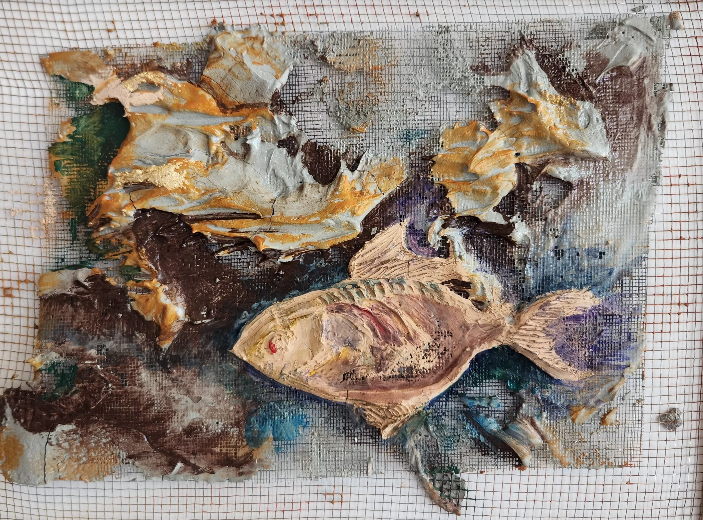 Rana Batrawi, Fruit of the Sea. Mixed materials on mesh, 42 x 31 cm. The Palestinian Museum Permanent Collection, on permanent loan from Barjeel Art Foundation